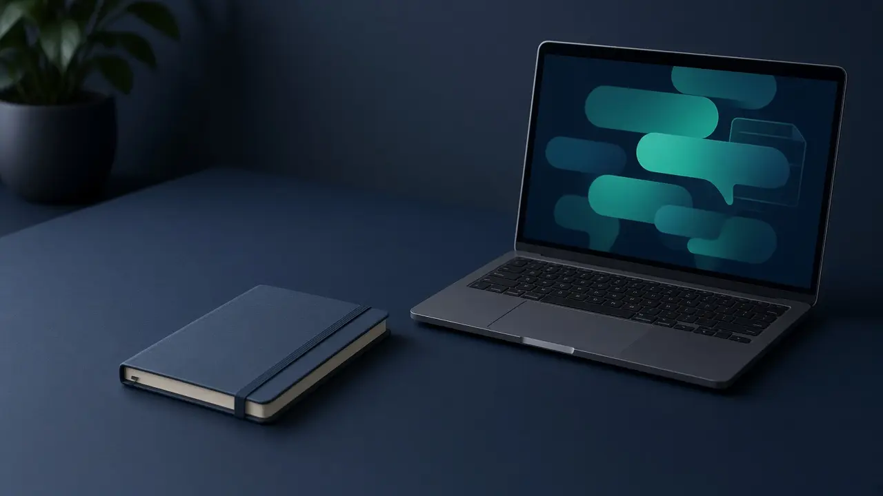 Dark desk with a laptop showing an abstract teal chat panel and a closed notebook